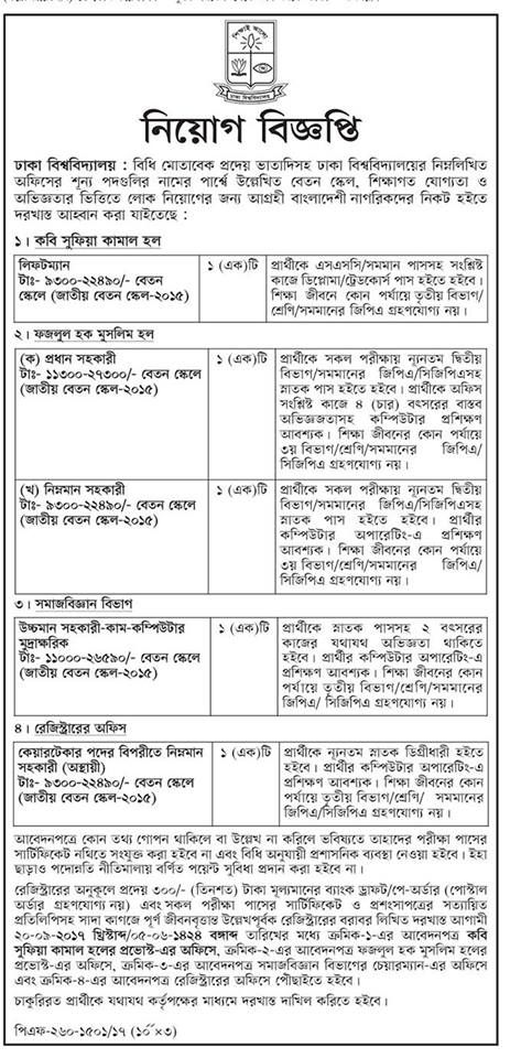 ঢাকা বিশ্ববিদ্যালয়ে চাকরীর ‍সুযোগ